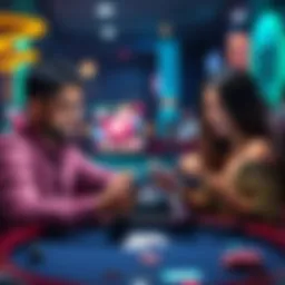 Two people enjoying a live blackjack game on their devices, with virtual cards and chips visible.
