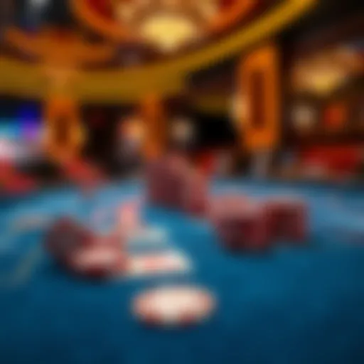 A live dealer Blackjack table with cards and chips in a casino setting