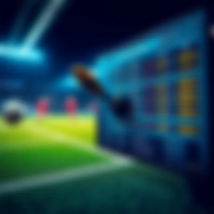 A football match in action with statistics displayed on a screen showing real-time probabilities and predictions for live betting