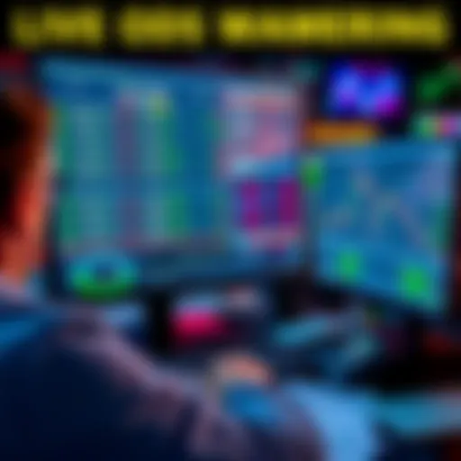 A person analyzing live odds on a computer screen, with graphs and numbers displayed, surrounded by betting materials.