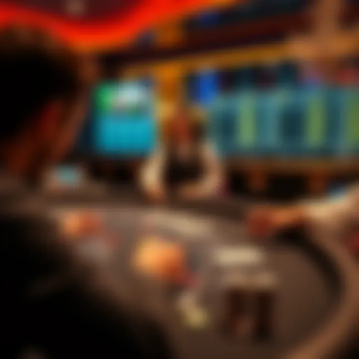 Live Online Blackjack Game A dealer interacts with players at a live online blackjack table, showcasing cards and chips in a virtual setting.