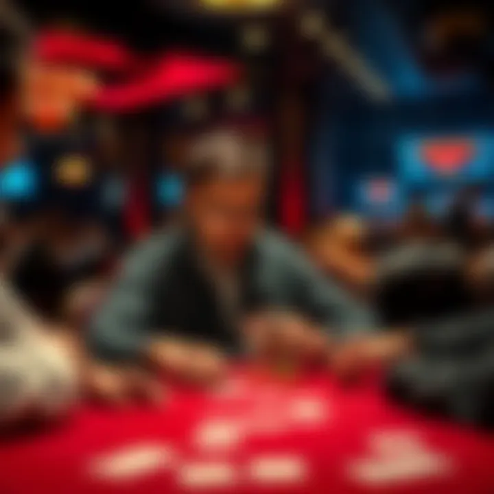 A poker player at a casino table, focusing on their cards while other players look on, highlighting the competition in live poker
