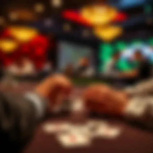 A player at a poker table contemplates a decision after the flop in a 1/2 live poker game. Chips are in front of them and cards are laid out on the table.