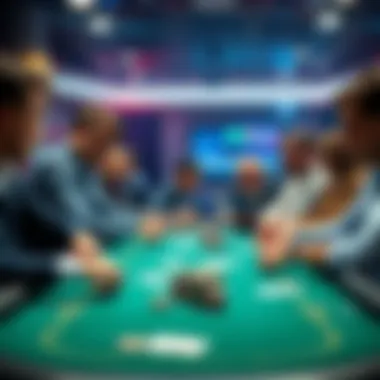 A group of players at a live poker table, focusing on their cards and chips
