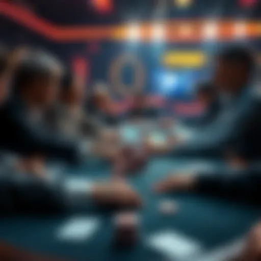 A high-stakes poker game showing focused players at a table with cards and chips