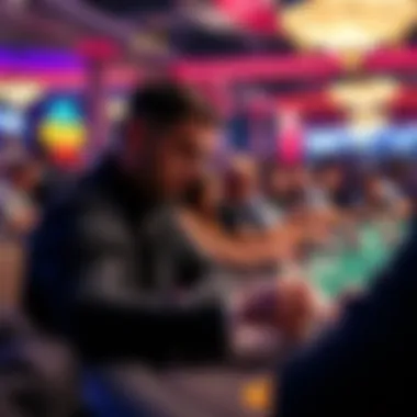 A professional poker player focused on their cards at a crowded tournament table