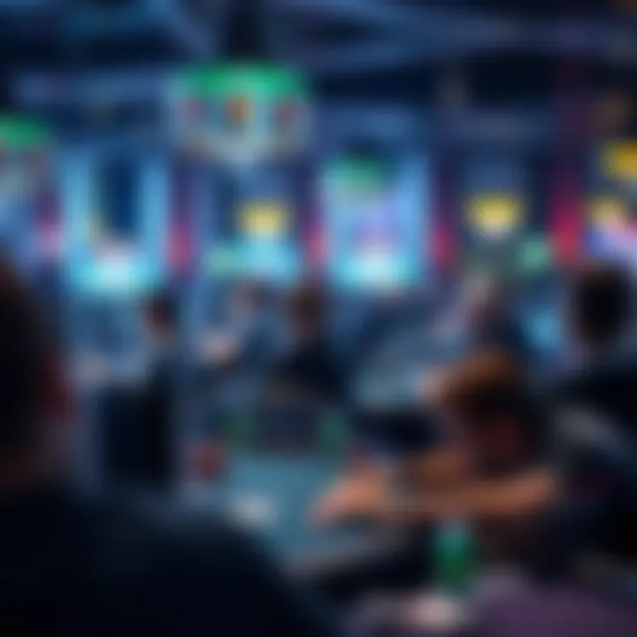 Live Tournament Setting A scene from a live multi-table tournament with players focused on their screens, showing varying expressions of concentration and excitement.