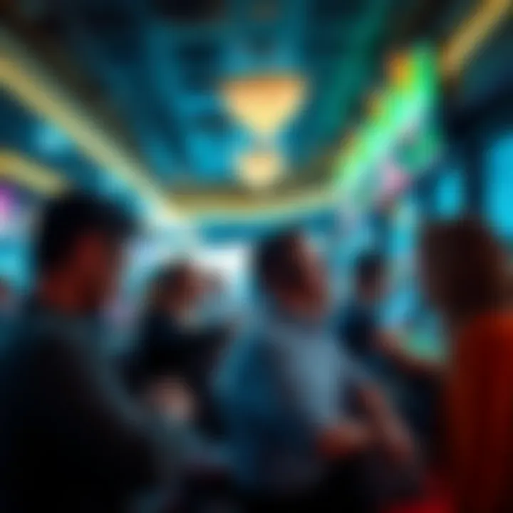 A group of people engaged in live and virtual betting activities at a casino