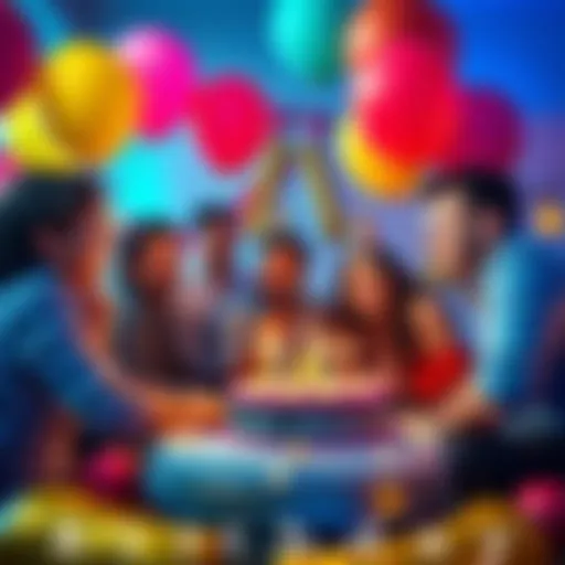 A group of friends enjoying a birthday party with balloons and cake