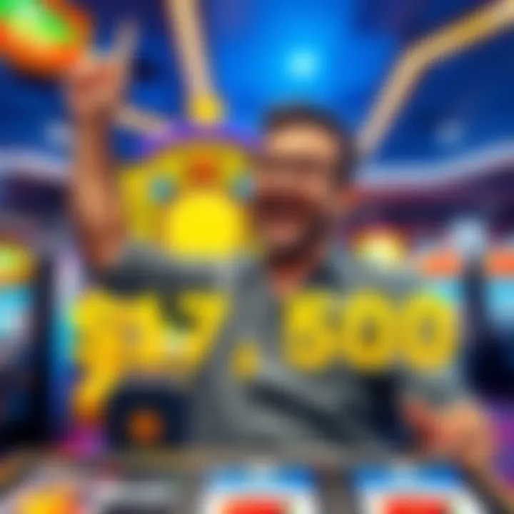 A happy local gambler celebrating after winning a $17,500 jackpot at a casino in Uruguay, with the winning machine in the background.