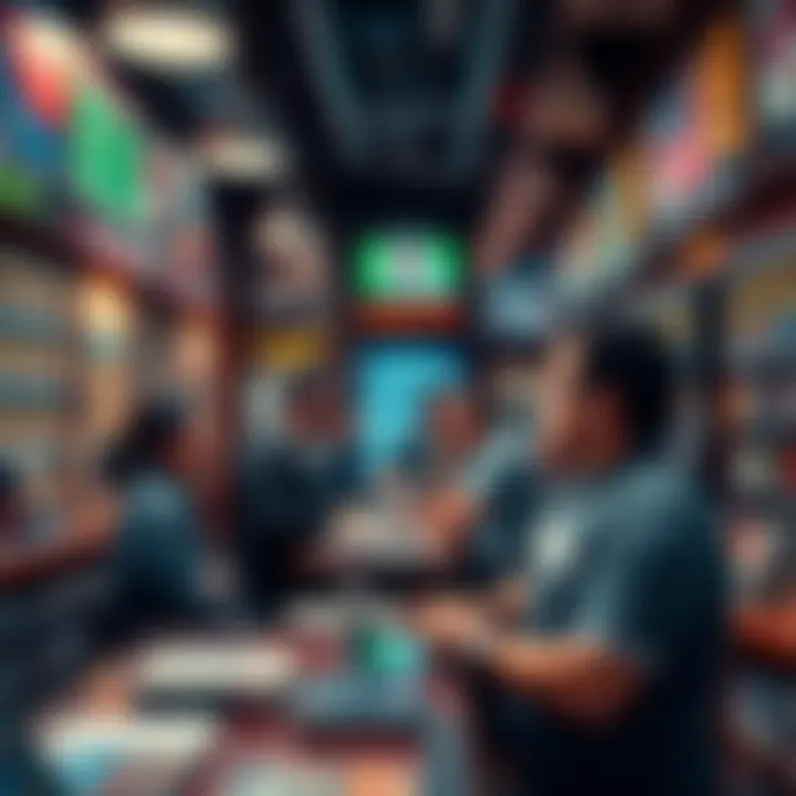 A group of people discussing betting options at a local bookmaker in Boston, with sports posters in the background.