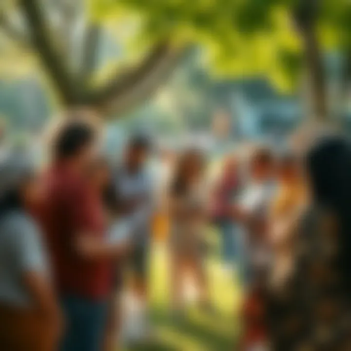A group of people in a park engaged in animated discussions about FAHHHHHH, showing diverse interactions and cultural exchanges.
