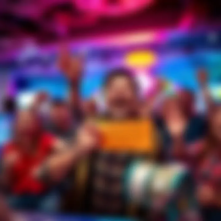 A local player smiles widely while holding a winning ticket worth $400 at a lively game night event, surrounded by cheering friends.