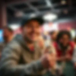 Trey celebrating his poker tournament win with friends in a community setting, smiling and holding a poker chip trophy.