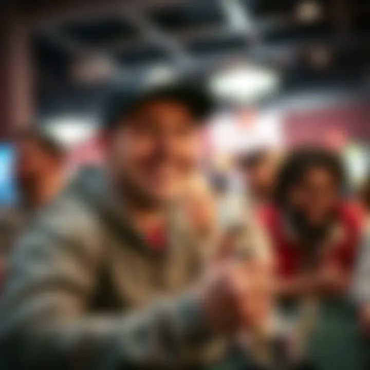 Trey celebrating his poker tournament win with friends in a community setting, smiling and holding a poker chip trophy.