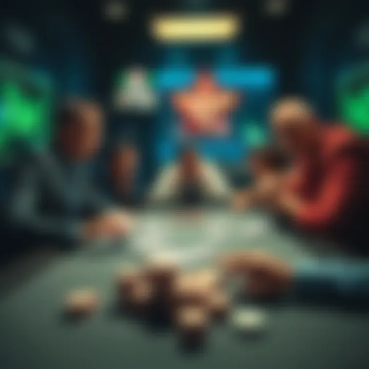 Local Poker Game Strategy A player at a poker table negotiating a chop with stunned opponents revealing weak hands.