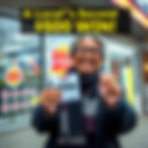 A happy local resident holding a scratch-off ticket outside a Long Island store, smiling and showing excitement about their recent $500 prize.