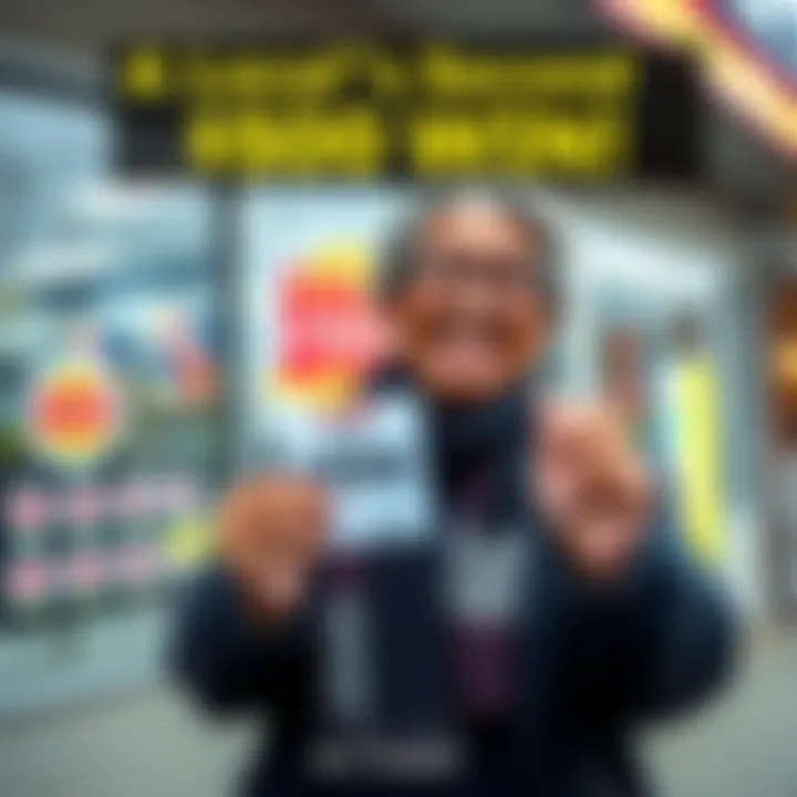 A happy local resident holding a scratch-off ticket outside a Long Island store, smiling and showing excitement about their recent $500 prize.