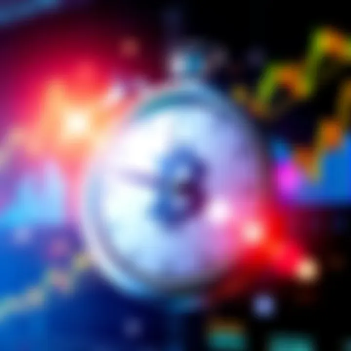 A digital illustration showing a clock with a Bitcoin symbol, highlighting transaction delays in cryptocurrency. The background features graphs and charts representing financial data.