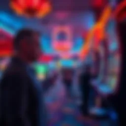 A frustrated player at Lonestar Casino looking at a long queue for debit card payouts, with a gaming machine in the background