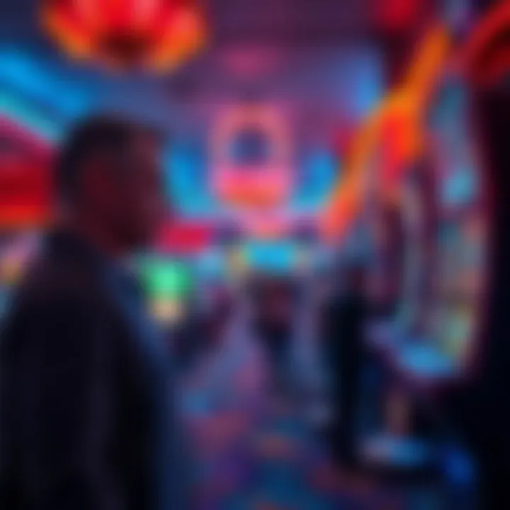 Lonestar Casino Payout Delays A frustrated player at Lonestar Casino looking at a long queue for debit card payouts, with a gaming machine in the background