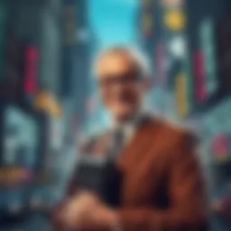 Portrait of a distinguished banker with a confident smile, holding a briefcase in a bustling city background