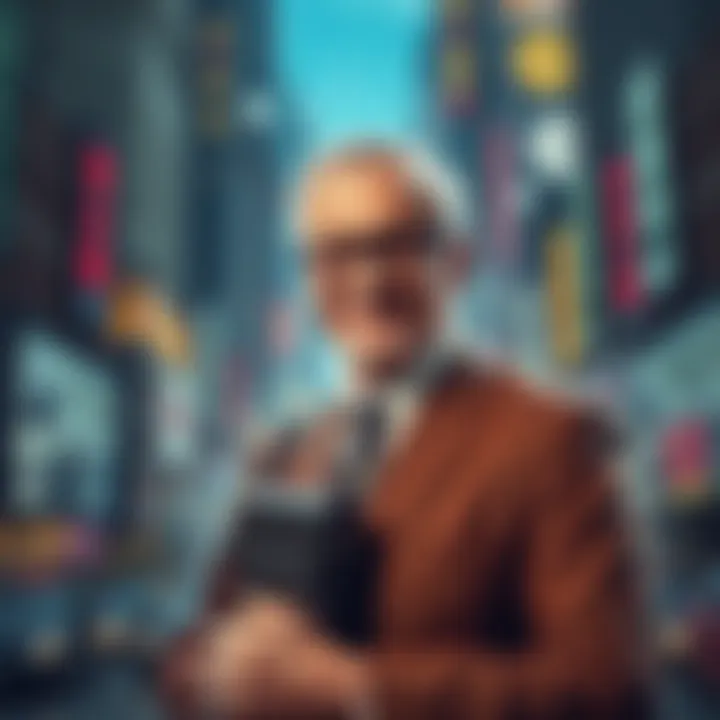 Portrait of a distinguished banker with a confident smile, holding a briefcase in a bustling city background
