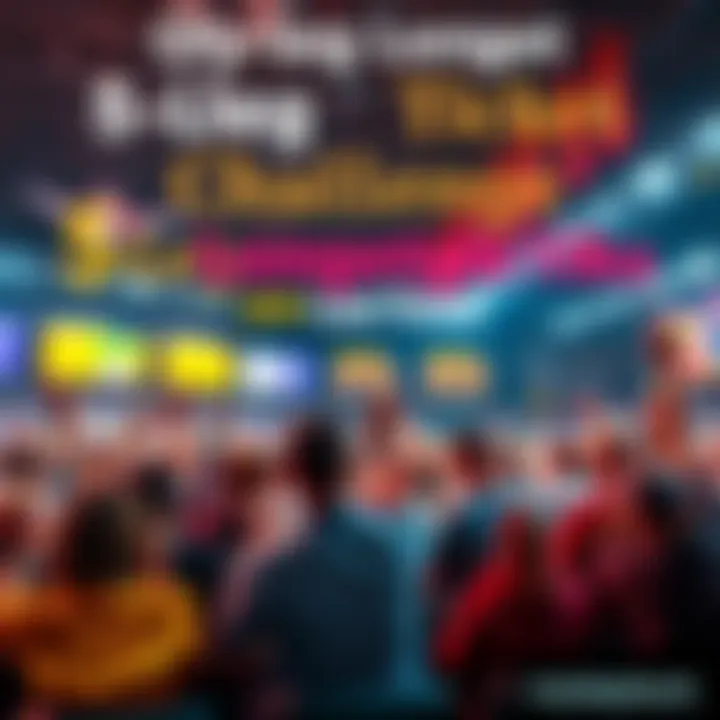 A group of excited people watching a sports event while placing bets on the 5-leg longest rush ticket challenge, surrounded by colorful team banners and betting boards.