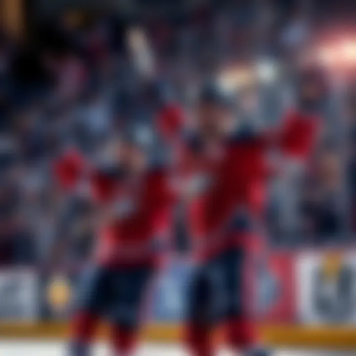 Longshot Goal Scorers Celebrate Celebration of hockey players scoring goals, featuring Lafreniere and Hague with fans cheering in the background