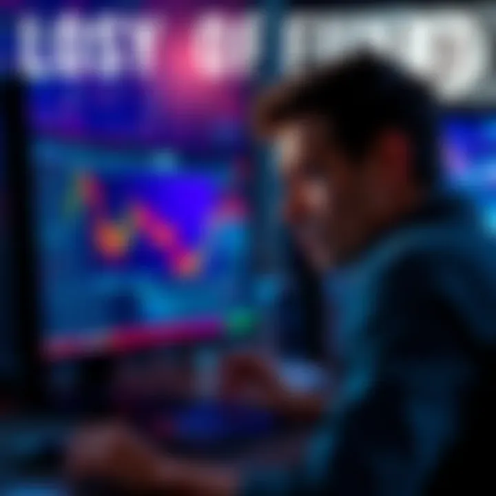 A person looking stressed while checking cryptocurrency charts on a computer screen, symbolizing financial loss in crypto gambling.