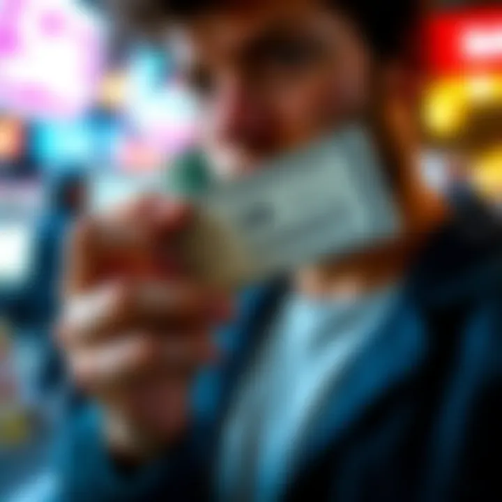 A person with a lottery ticket looking thoughtful about keeping a secret after winning a large sum of money