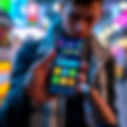 A person holding a smartphone showing a lottery app interface, with colorful graphics and a ticket selection feature.