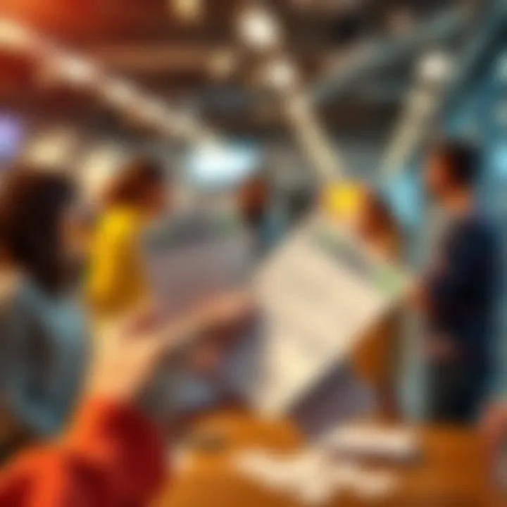 A person holding lottery tickets with community members discussing support programs in the background