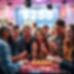 Group of people enjoying a lottery-style game with tickets, showcasing excitement and fun with $25