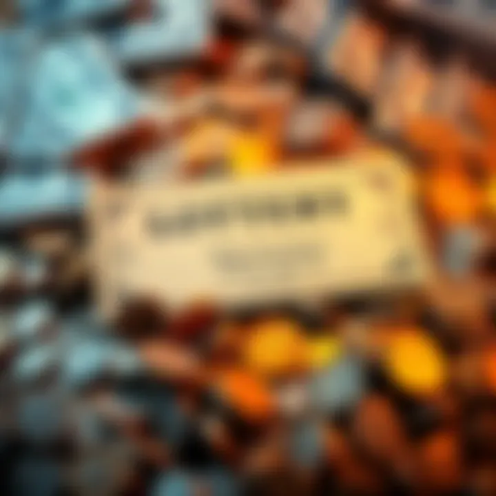 A lottery ticket surrounded by piles of cash and coins, symbolizing the chance of winning big.