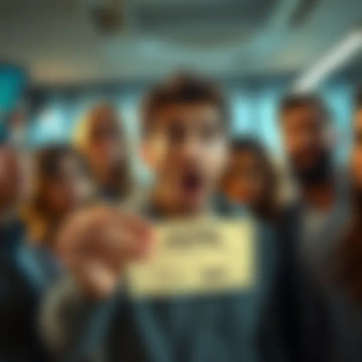 A person holding a lottery ticket with a shocked expression, surrounded by friends discussing its authenticity.