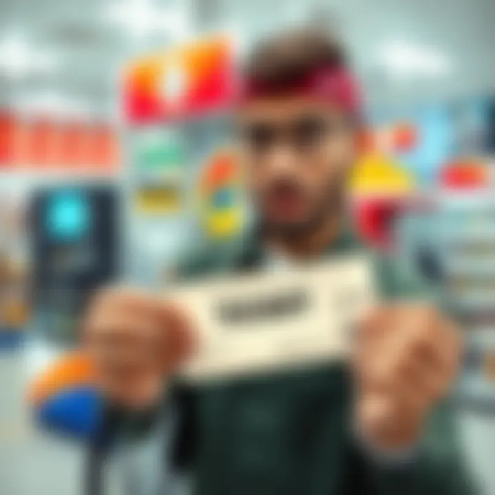 A gas station clerk holding a lottery ticket with a surprised expression, showcasing a winning ticket amid gas pumps and convenience store items.