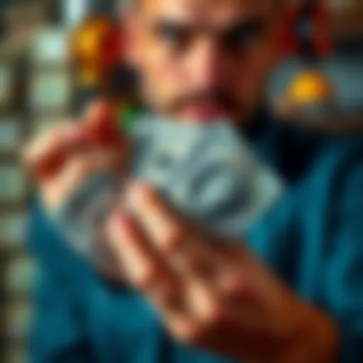 A person holding lottery tickets with cash in the background