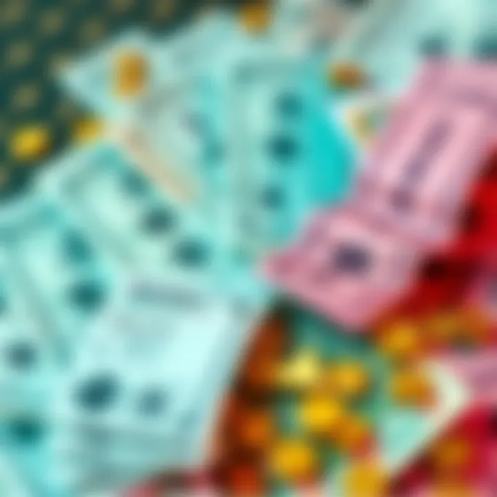 A collection of lottery tickets alongside a pile of cash, symbolizing the potential for winning money through ticket purchases.