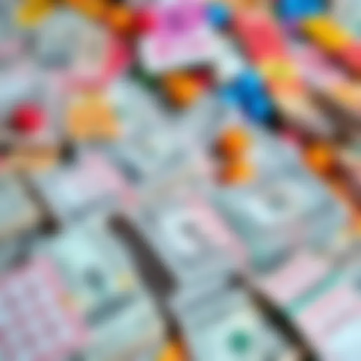 A pile of colorful lottery tickets next to stacks of cash, representing lottery winnings and odds.