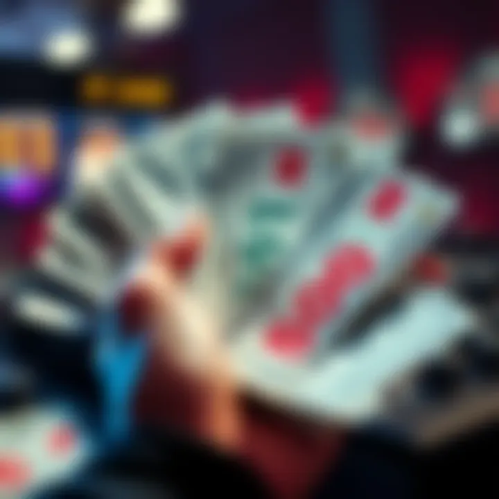 A handful of lottery tickets and cash Close-up of a hand holding multiple lottery tickets and cash, symbolizing betting and chance at winning.