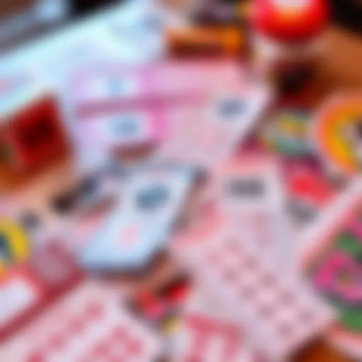 A variety of lottery tickets from different draw games spread out on a table, showing the choices available to players