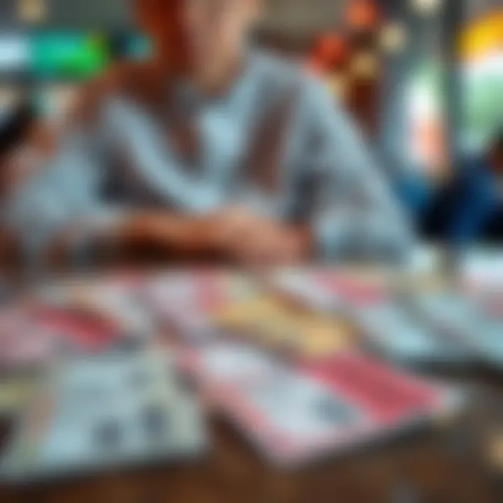 A person contemplating whether to buy another lottery ticket, with several colorful tickets laid out on a table, highlighting the odds of winning.
