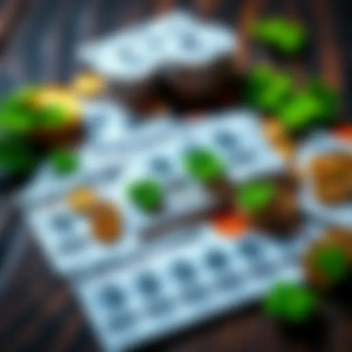 A collection of lottery tickets with symbols of luck, like four-leaf clovers and coins, on a wooden table