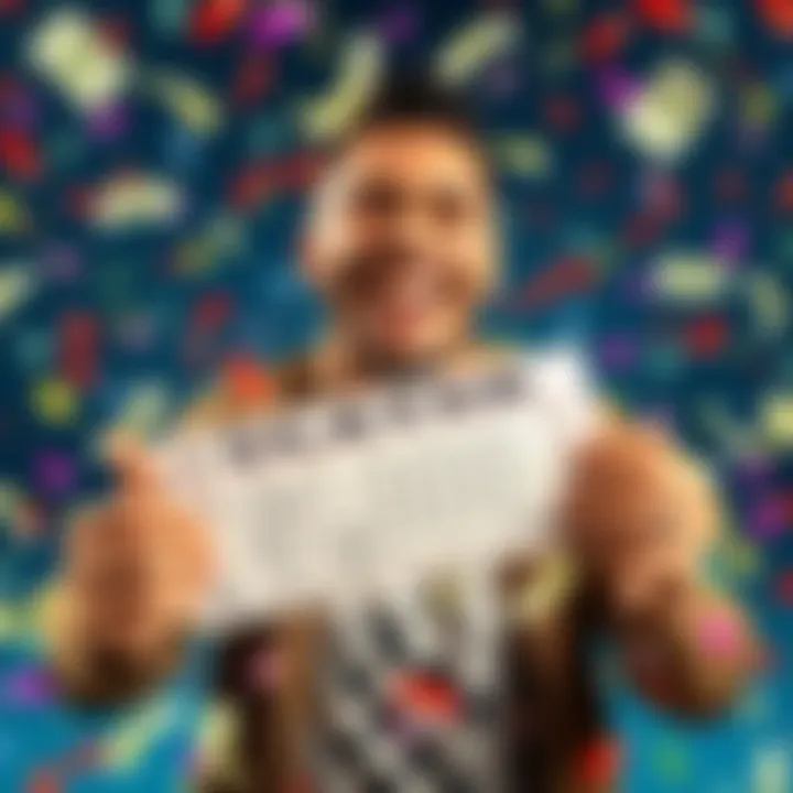 A person joyfully holding a $3 crossword lottery ticket while smiling, with a background of confetti and cash symbols, representing a $1,000 win