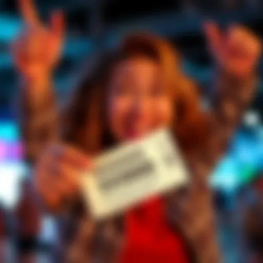 A happy person celebrating with a lottery ticket in hand, showing excitement after winning a prize.