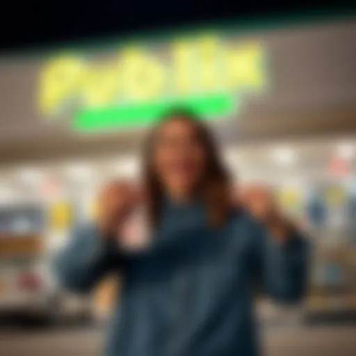 A happy person holding a lottery ticket with a big smile, celebrating their $20,000 win after being laid off, in front of a Publix store.