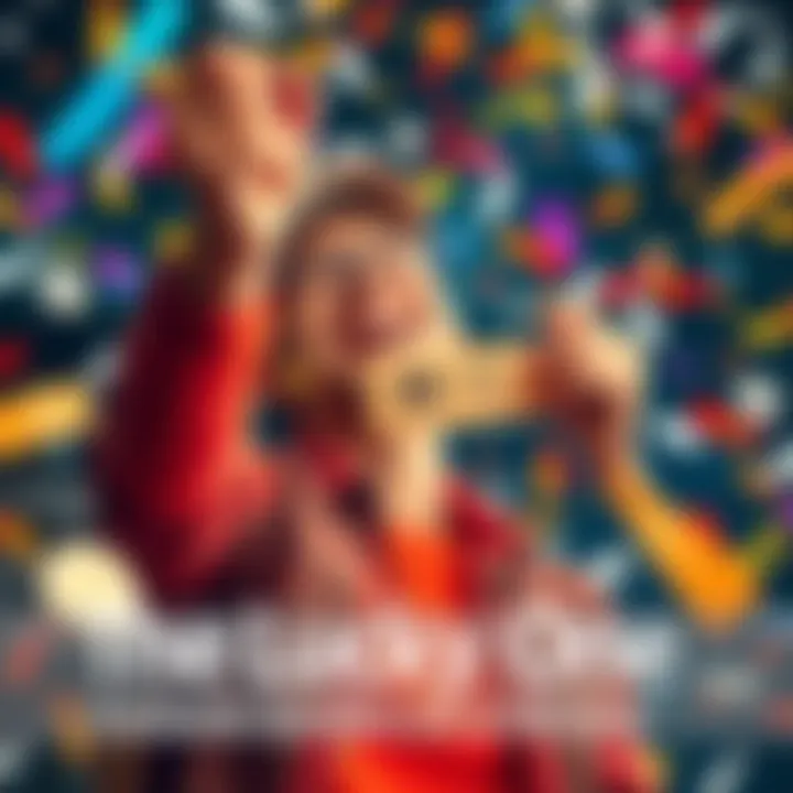 A joyful person holding a winning lottery ticket with confetti falling around them