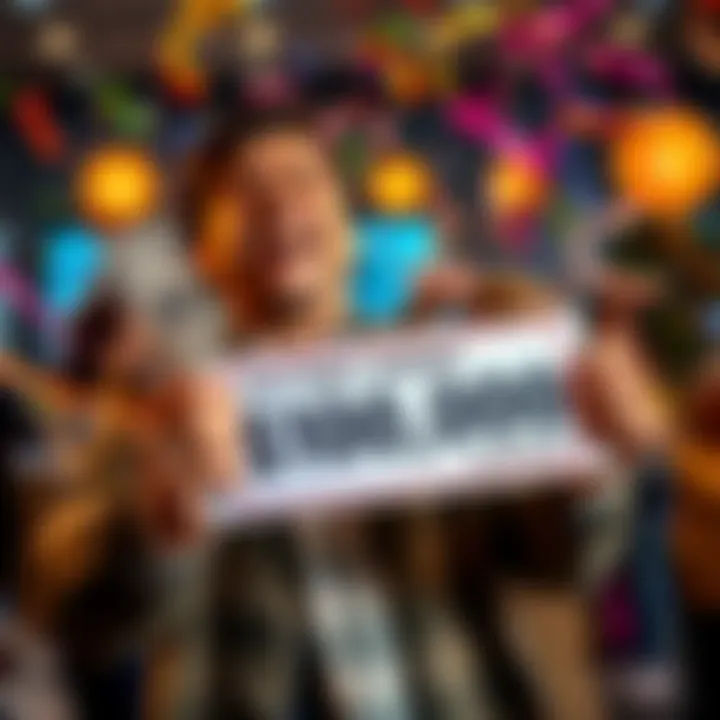 A joyful person holding a lottery ticket with a big smile, surrounded by confetti and a sign showing a $100,000 win