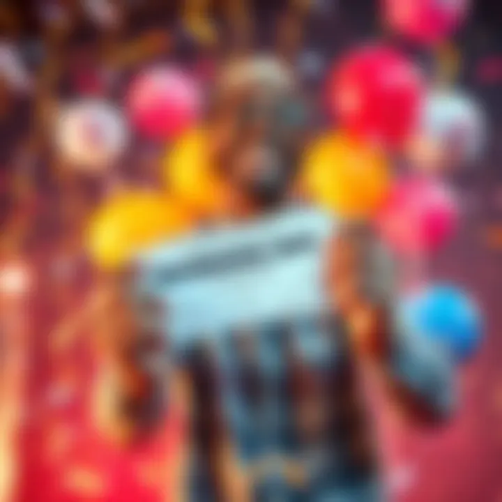 Happy lottery winner holding a ticket A joyful person celebrating with a lottery ticket in hand, surrounded by confetti and balloons